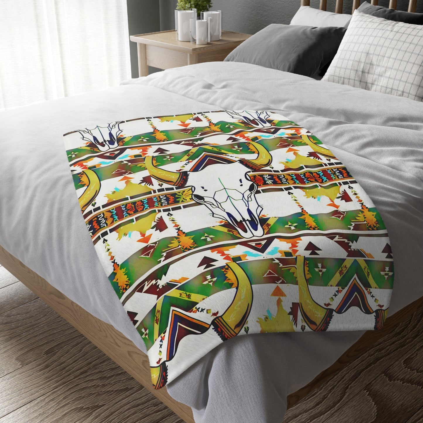 Buffalo skull/Colorful print Velveteen Microfiber Blanket (Two-sided print)