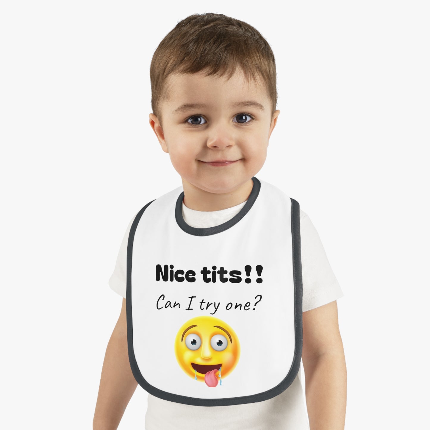 Funny Emoji Baby Bib - 'Nice Tits!! Can I Try One?' - Cute & Comical Feeding Accessory