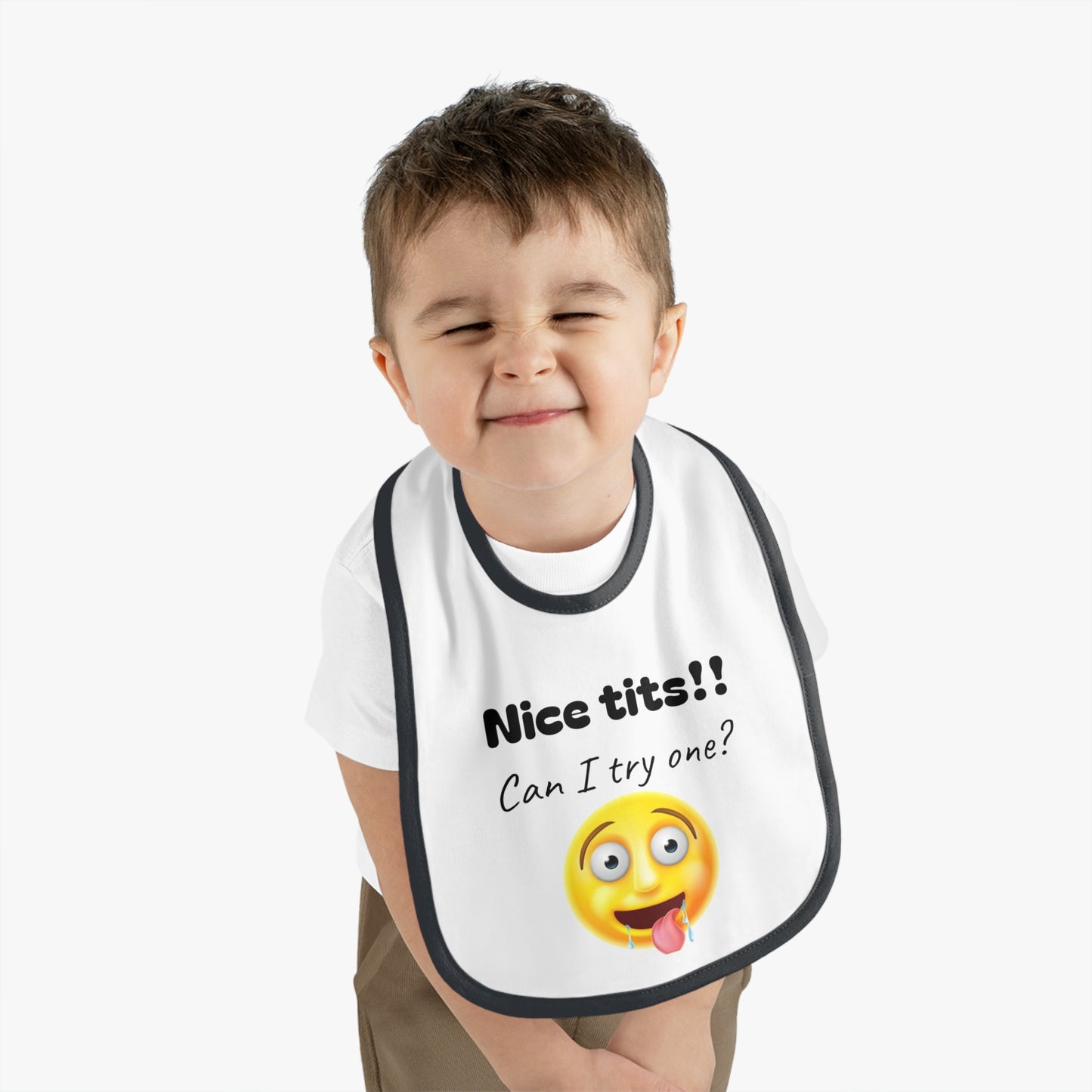 Funny Emoji Baby Bib - 'Nice Tits!! Can I Try One?' - Cute & Comical Feeding Accessory