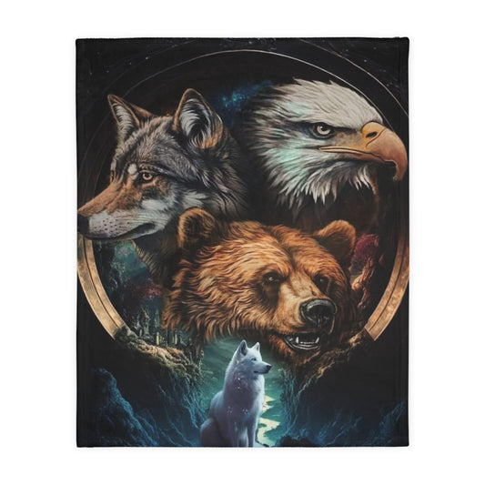 Northwoods Wolf Eagle Bear Velveteen Microfiber Blanket (Two-sided print)
