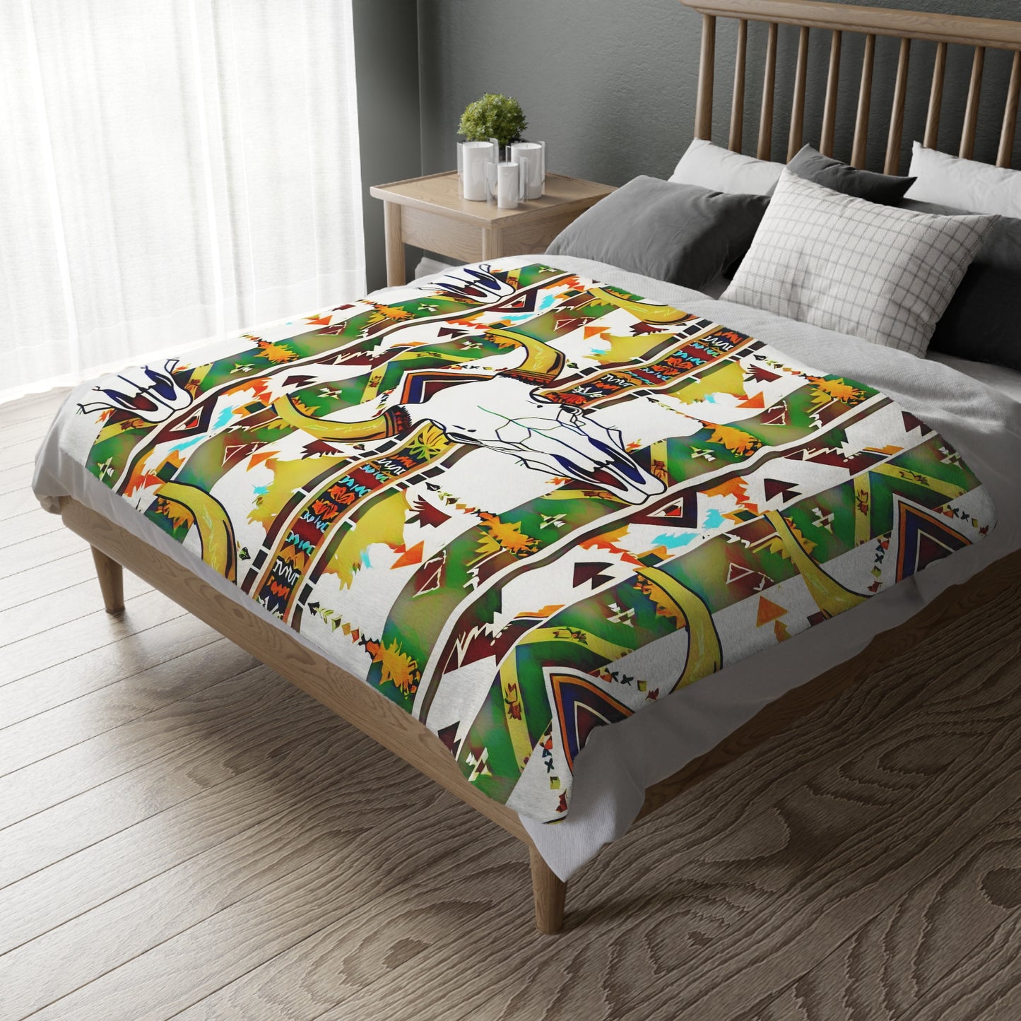 Buffalo skull/Colorful print Velveteen Microfiber Blanket (Two-sided print)