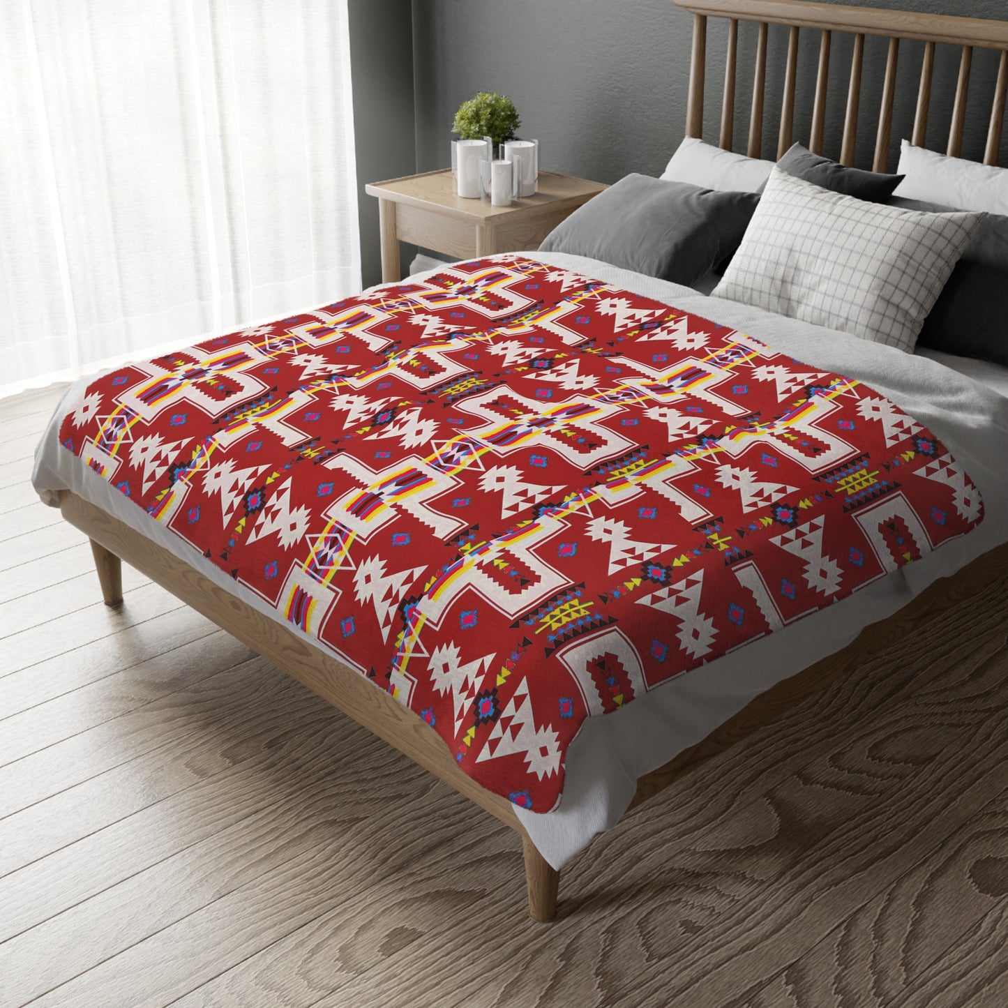 Red/Blue Native Print Velveteen Microfiber Blanket (Two-sided print)