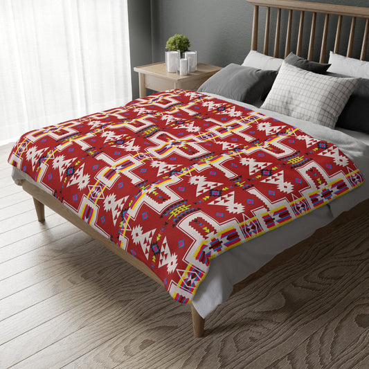 Red/Blue Native Print Velveteen Microfiber Blanket (Two-sided print)