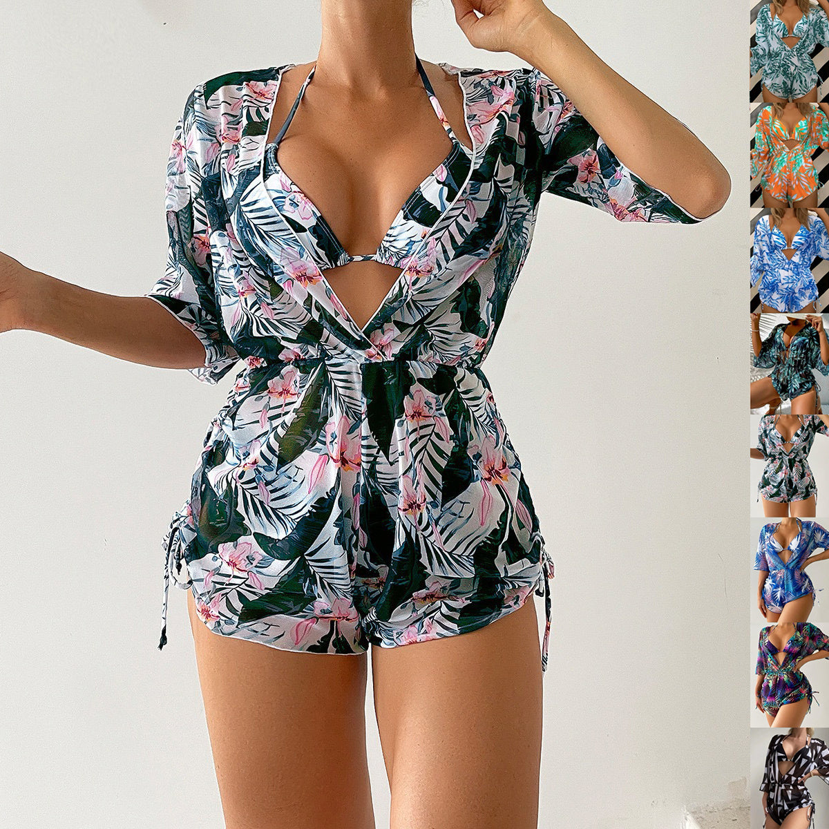 3pcs V-neck Swimsuit Suits Summer Leaf Print Waist-tie Bikini Fashion Long-sleeved Beach Sun-protection Clothing Womens