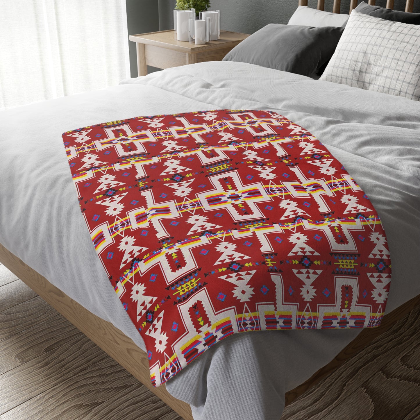 Red/Blue Native Print Velveteen Microfiber Blanket (Two-sided print)