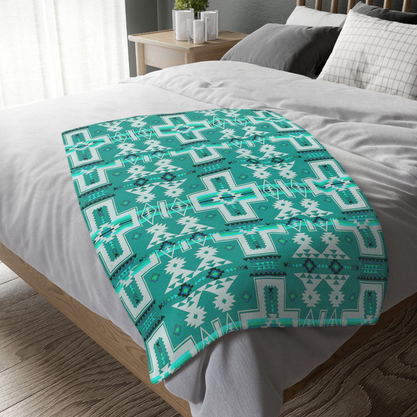 Turquoise/purple Native print Velveteen Microfiber Blanket (Two-sided print)